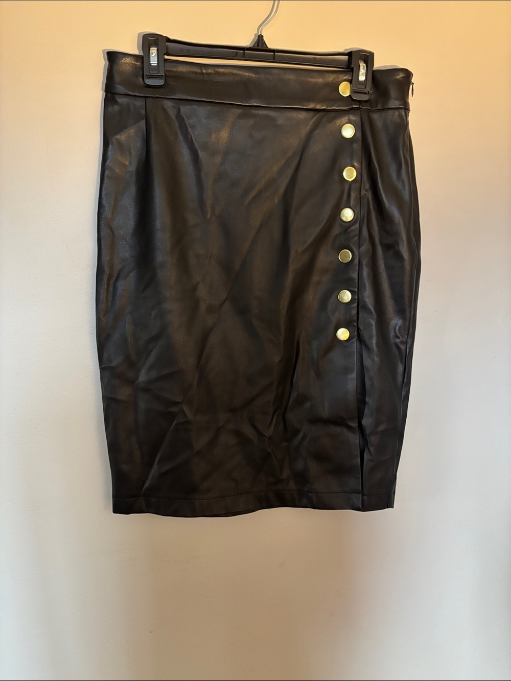 INC International Concepts Black Faux Leather Pencil Skirt with Gold Buttons